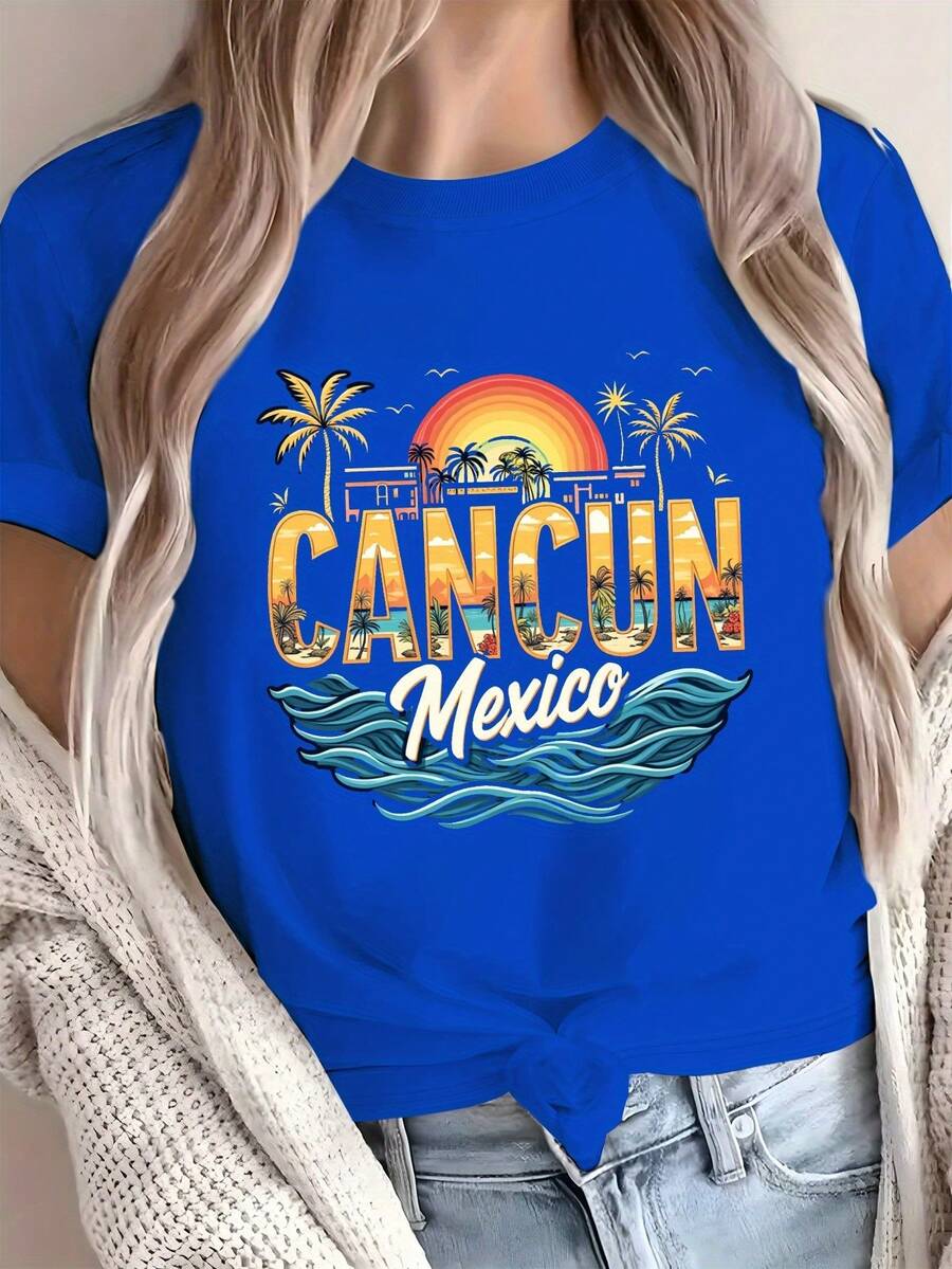 Women's Soft Cotton T-Shirt - Cancun, Mexico Vacation Theme With Palm Trees And Waves Design - Lightweight T-Shirt For Everyday Wear, Summer, Beach, Party, Travel, Souvenir - Machine Washable, Casual Top, Sunset Design, Comfortable Fit, Beach Souvenir T-Shirt, Casual Blouse - 藍色 - 查看 1