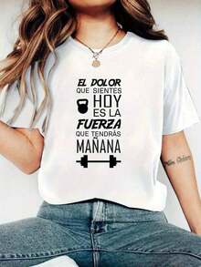 Camiseta de mujer de 100% algodón con estampado creativo, de moda para las cuatro estaciones, simple, casual, cómoda, popular, suave, para fitness, uso diario al aire libre, de estilo versátil para todas las estaciones, de cuello redondo y manga corta, transpirable, para uso casual diario - Multicolor - Ver 9