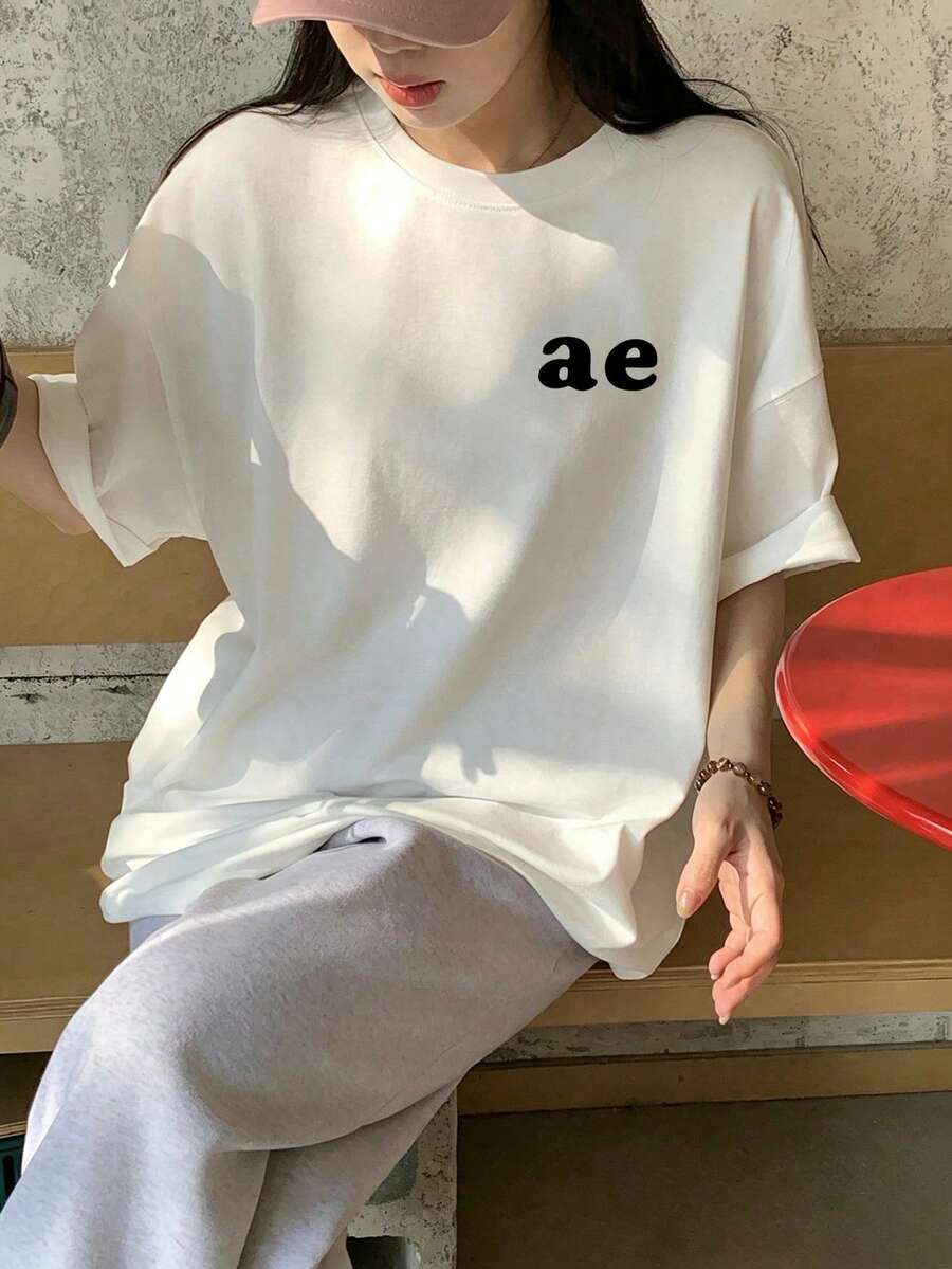 100% Cotton Long Sleeve T-Shirt For Women, Spring/Autumn Fashion, Printed, Couple Style, Underwear/Outerwear, Office Casual, Round Neck, Women's Top - White - View 1
