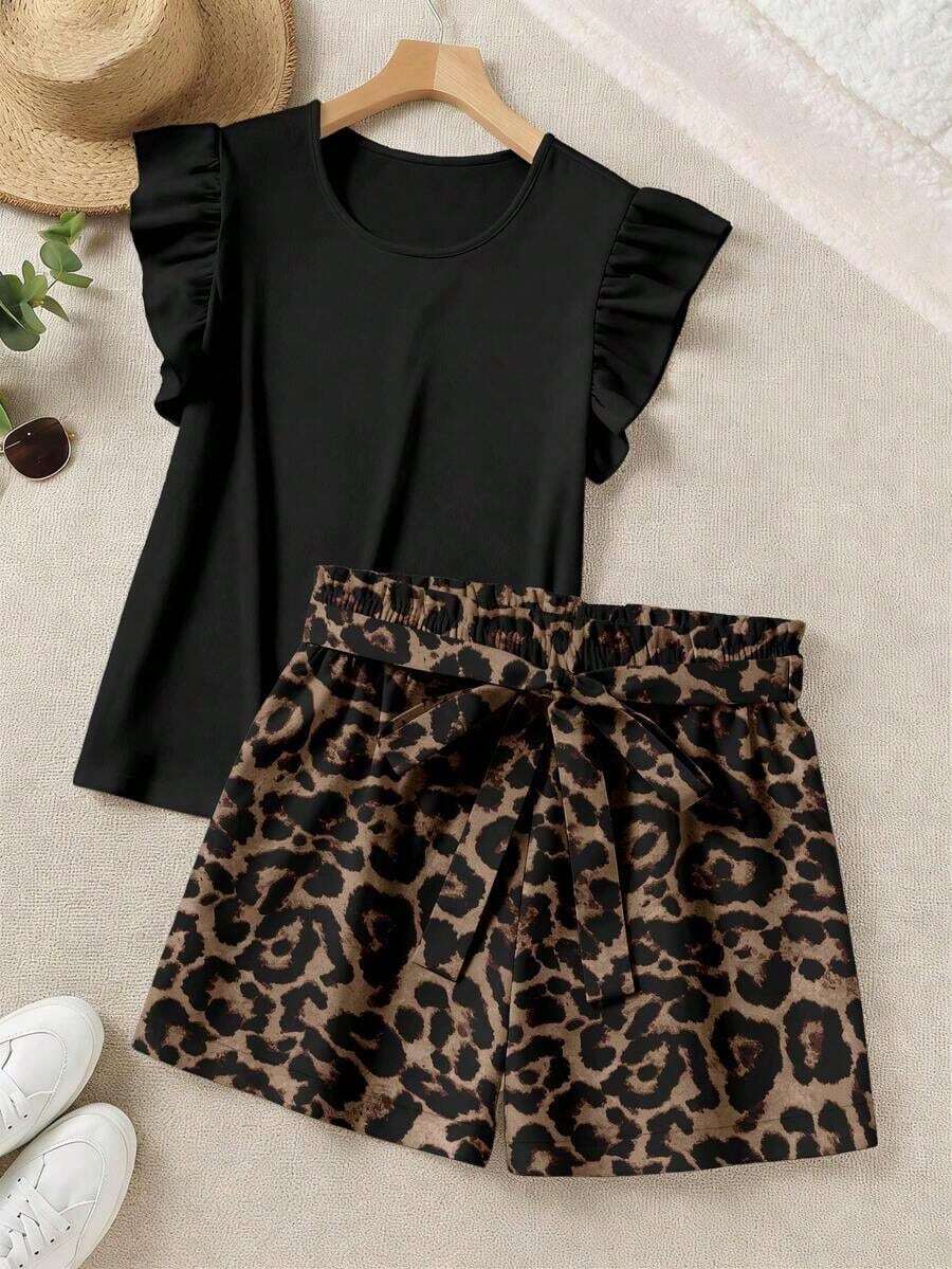2026 LUNE 2 piezas Conjunto de top con volantes de unicolor elegante y shorts estampados, para verano - Multicolor 5 - Ver 1