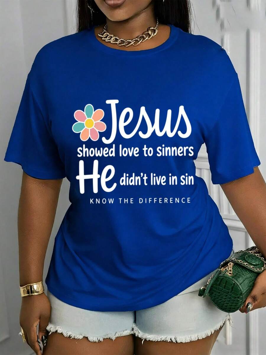 Limited Edition Short-Sleeved Crew Neck T-Shirt Printed With A Jesus Motif. It Is Inscribed With The Words: Born Without Sin, Knowing The Difference Between Sin And Innocence. This Stylish Top Features A Casual Crew Neck Design, Soft And Stretchy Fabric, And Is Machine Washable. Suitable For All Seasons, Made Of Lightweight Cotton - 藍色 - 查看 1