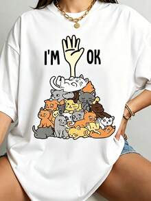 Camiseta divertida con estampado de gatos apilados y la frase "Estoy bien", cuello redondo casual, estampado de gato lindo y humorístico, camiseta de manga corta para mujer. | Diseño exquisito |   Suelto y cómodo |   Fácil de combinar | - Blanco - Ver 7