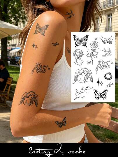 CAT QUEEN ART وشم مؤقت نصف دائم بنمط عصري لعام 2000 بنكهة عشبية، بتصميمات فتاة حلوة وساخنة مثل السلسلة والقلب والدب والفراشة والنجم والقمر والثعبان وكيوبيد، مقاوم للماء ولا يترك بقع لمدة 7-14 يوم، مناسب للاستخدام على اليد والظهر والأصابع والكتف والرقبة والترقوة
