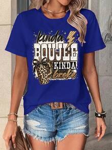 Women's Short-Sleeved T-Shirt With A Round Neck And Fun Print, Lightweight And Luxurious Style, Simple, For Parties And Holidays, Animal And Letter Print, Breathable, Vintage, Casual, Elegant Style, Cartoon Letters, Perfect Choice, Round Neck T-Shirt, Versatile Top, Everyday Comfort. - 藍色 - 查看 7