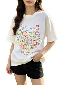 Y2K - Camiseta con estampado de gato de dibujos animados retro para mujer, diseño de kawaii, holgada, linda, camisetas casuales - blanco3 - Ver 1