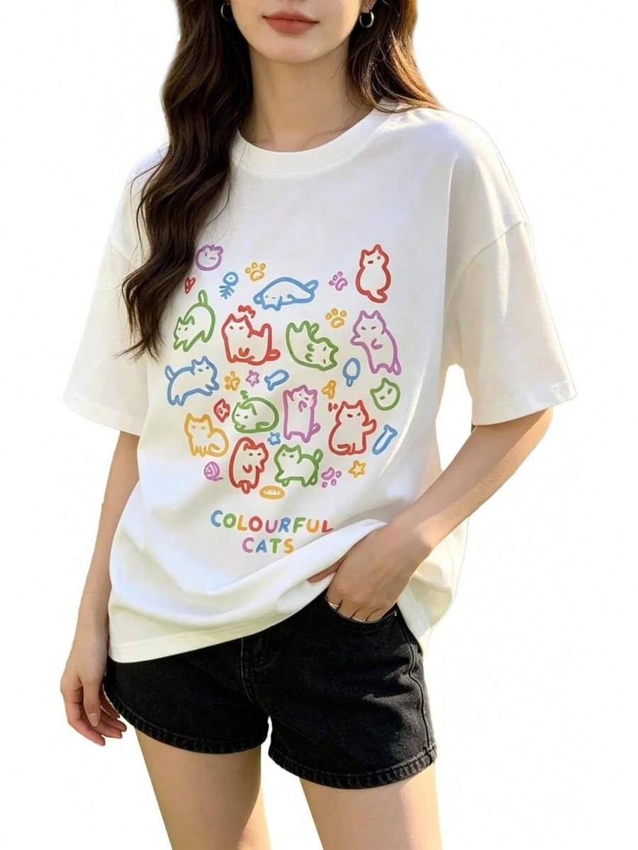 Y2K - Camiseta con estampado de gato de dibujos animados retro para mujer, diseño de kawaii, holgada, linda, camisetas casuales - blanco3 - Ver 1