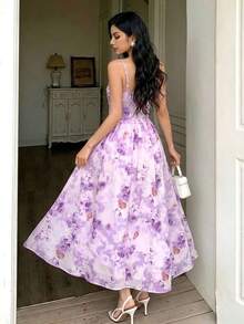 Vestido de cóctel de verano elegante con tirantes finos, estampado de mariposas y flores diminutas, para fiestas y vacaciones románticas - Morado - Ver 2