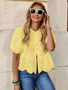Blusa elegante con mangas abullonadas, lazo delantero y bordado, ideal para vacaciones o San Valentín - Amarillo - Ver 3