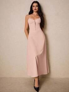 Vestido largo elegante de color crema con escote de corazón y detalles de volantes - perfecto para eventos formales, bodas de verano y citas románticas en la cena, vestimenta de mujeres para el Día de San Valentín, atuendos de mujeres amarillos, vestidos de mujeres en tonos pastel, vestidos elegantes para mujeres, vestidos de graduación blancos, vestidos de verano para mujeres, vestido de fiesta del té - Rosa Pálido - Ver 6