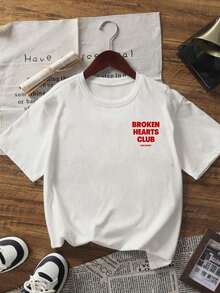Limited Time Offer Print T-Shirts Limited Time Offer New Release Promotion Funny T-Shirt New Release Promotion Women's Casual Black Round Neck Short Sleeve Drop Shoulder T-Shirt With Broken Hearts Club Print 5VKX - 白色 - 查看 6
