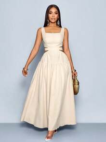 xheSOLERSUN Vestido elegante de mujer con cuello cuadrado, corte en la cintura, espalda con lazo y pliegues, estilo línea A, para Hawái, vestidos de verano para mujer, vestido para té, vestido largo blanco para graduaciónxhe - Caqui - Ver 5