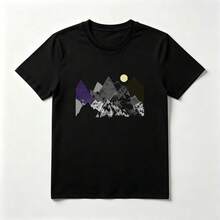 Montañas Ilustradas Playera de Algodón Negro con Diseño de Paisaje - Negro - Ver 1
