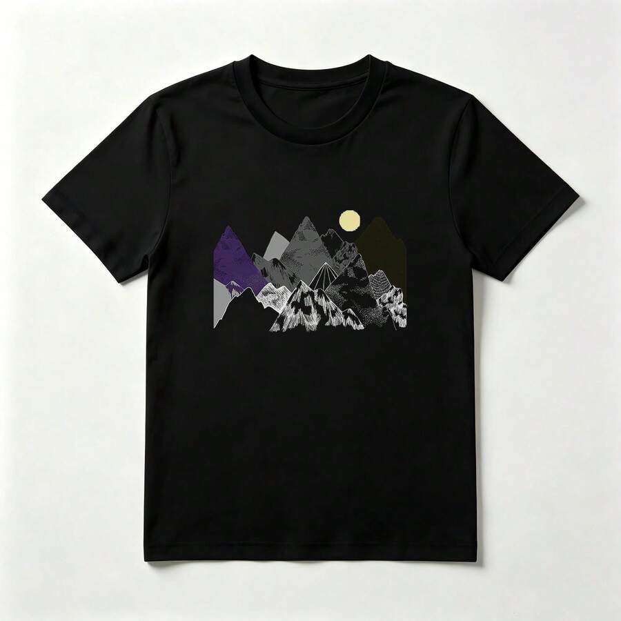 Montañas Ilustradas Playera de Algodón Negro con Diseño de Paisaje - Negro - Ver 1