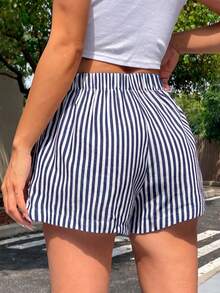 Conjunto de dos piezas, playera y short, playera estampada con diseño, short corto de rayas, adecuado para vacaciones en la playa, verano, vacaciones, viaje, para temporada de calor - 2 Playera Blanca More amor con Short Rayas Azul Marino con Blanco - Ver 8