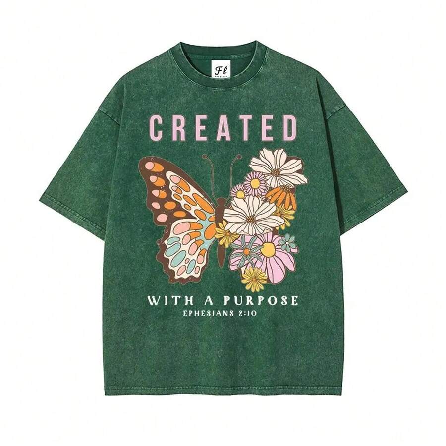Creada con un propósito, camiseta unisex cristiana lavada, transpirable, de algodón sólido. - Verde - Ver 1