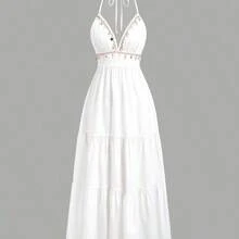 Nana's Women's Clothing Store  Vestido informal de vacaciones con encaje bordado y espalda descubierta con cordones en línea A - Azul - Ver 2