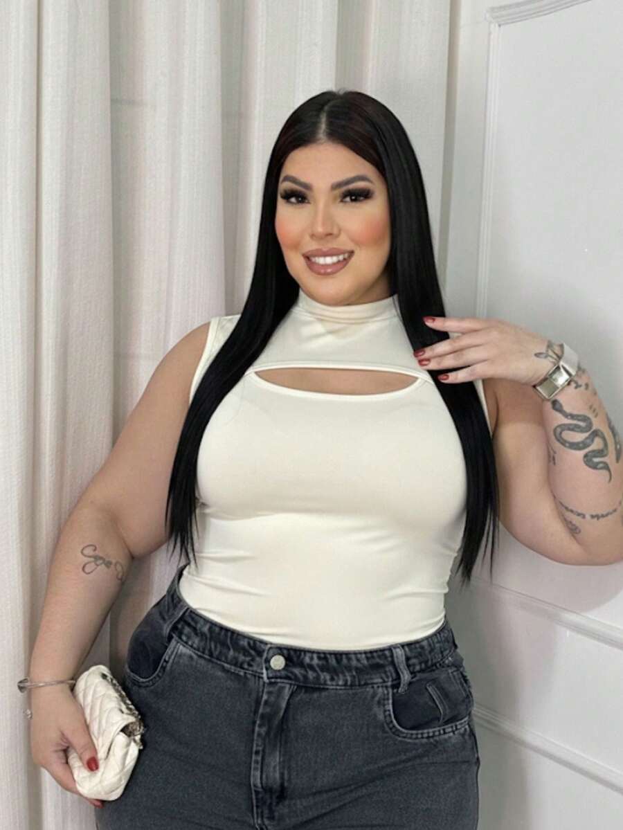 Women's Plus Size High Neck Sleeveless Bodysuit In Spandex - Fitted, Modern, And Comfortable - White - View 1