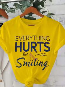 Talla Grande, Camiseta Casual de Moda Estampada para Mujer 0-8XL, Capa Base de , Uso Diario, Personalidad, Todo el Año, Ajuste Cómodo, Letras, Divertida Camiseta de Mujer "Todo Me Duele, Tengo Hambre", Cuello Redondo Manga Corta, Verano Mezcla de Poliéster, Camiseta de Ajuste Regular con - Limon Amarillo - Ver 1