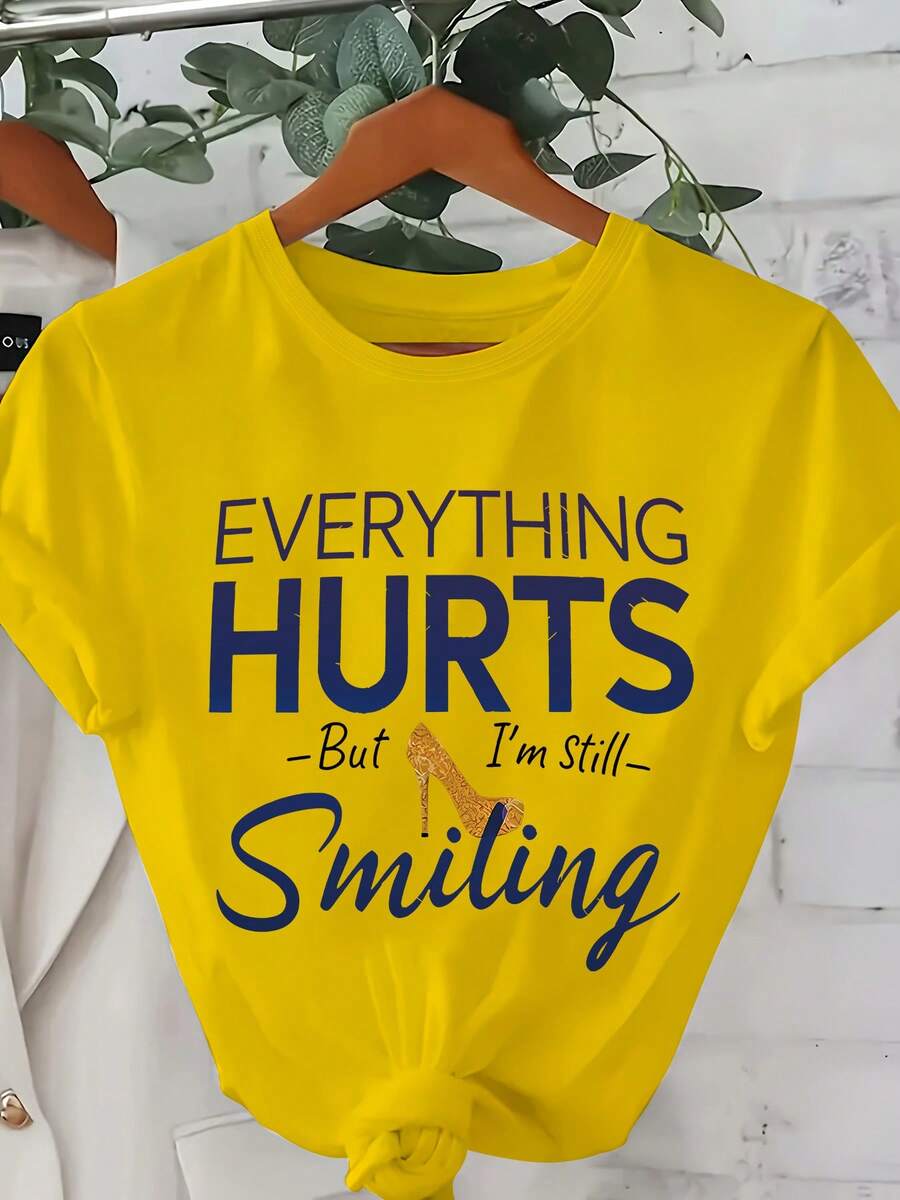 Talla Grande, Camiseta Casual de Moda Estampada para Mujer 0-8XL, Capa Base de , Uso Diario, Personalidad, Todo el Año, Ajuste Cómodo, Letras, Divertida Camiseta de Mujer "Todo Me Duele, Tengo Hambre", Cuello Redondo Manga Corta, Verano Mezcla de Poliéster, Camiseta de Ajuste Regular con - Limon Amarillo - Ver 1