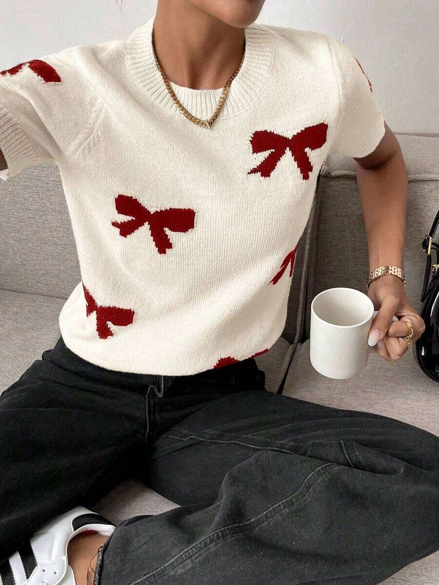 Blusa de punto casual de cuello redondo, manga larga, con detalle de lazo - Burdeos - Ver 1