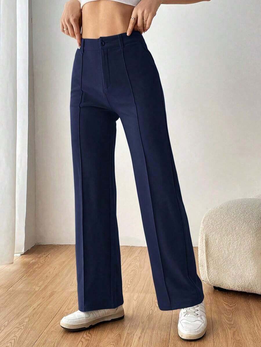 Pantalones de traje de mujer con bolsillos laterales sesgados, líneas de costura visibles para otoño/invierno - Azul marino - Ver 1