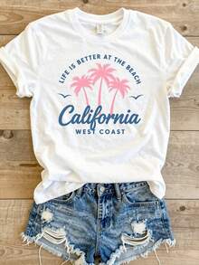 Blusa casual para mujer, nueva camiseta para mujer 2026. La vida es mejor en la playa.  Oeste de California. Cómoda, suave y transpirable. Ropa casual de moda para el día a día. Adecuada para actividades al aire libre y diversas ocasiones. Camisetas de algodón para mujer. - Blanco - Ver 6