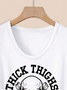 Women's Casual Blouse With The Inscription "THI THIGHS AND SLEEP DEPRIVED", Skull Print, Weight Bar And Roses, Elegant U-Neck Short Sleeve T-Shirt For Party, Spring/Summer, , , 10918, Women's Cotton Shirts. - 白色 - 查看 3