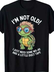 Round.1pac.100%Cotton.Funny 'I'M Not Old, I'M Super Cool' Turtle Pattern T-Shirt - Casual Crew Neck Short Sleeve Shirt, Humorous Anti-Aging Design Slogan, Unisex Adult Fun Anti-Aging Apparel, Halloween Christmas Birthday Gift Plus Size.Street Casual - Black - View 6