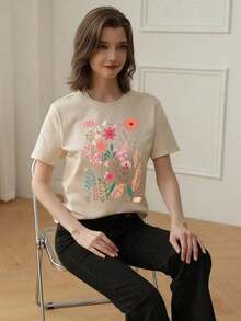 180g Made In Mexico, Spring/Summer 2026 Fashion Short Sleeve T-Shirt, Cartoon Print, Couple Style, Underwear/Outerwear, Casual Round Neck For Office, Unisex One Piece Top - 杏 - 查看 2