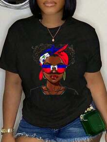 Uniforme con la bandera de Haití 100% para mujer, recuerdos, camiseta haitiana, camisetas de cuello redondo suaves y cómodas para hombre y mujer de verano. - Negro - Ver 5