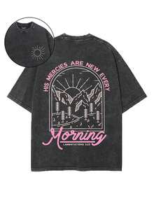 100% Cotton, "Gentle Dawn" Print T-Shirt, Suitable For Everyday Wear, A Must-Have For Casual Summer Outfits, A Perfect Gift, Comfortable Short Sleeves For Outdoor Holidays And Sports, A Gift T-Shirt, A Holiday Present. - 黑色 - 查看 1
