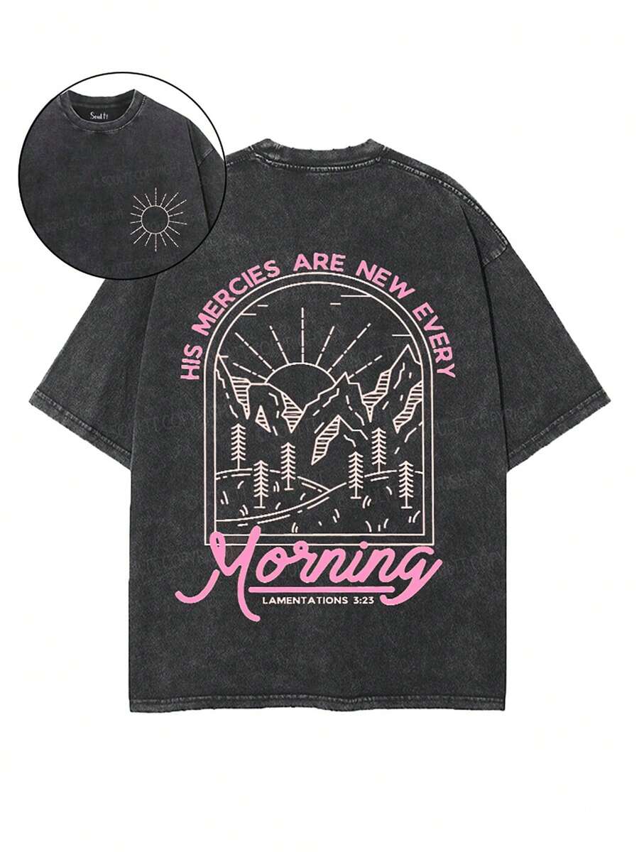 100% Cotton, "Gentle Dawn" Print T-Shirt, Suitable For Everyday Wear, A Must-Have For Casual Summer Outfits, A Perfect Gift, Comfortable Short Sleeves For Outdoor Holidays And Sports, A Gift T-Shirt, A Holiday Present. - 黑色 - 查看 1