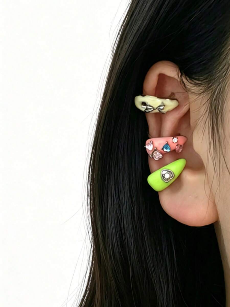 Colorful Zirconia Stud Clip-On Earrings Without Piercing, Cute Style Suitable For Women's Daily, Vacation, Party Wear - Pink - View 1