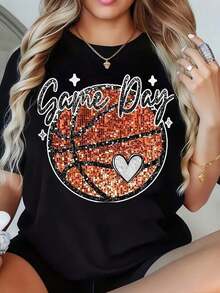 Camiseta gráfica con corazón de lentejuelas para el día del partido de baloncesto, moda deportiva casual para mujeres aficionadas. Camiseta casual de manga corta con cuello redondo y estampado, un diseño juvenil y de moda. Son excelentes regalos para amigos y familiares, camisetas 100% de algodón. - Multicolor - Ver 6