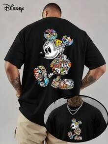 Disney Licensed Mickey Mouse Collage Print T-Shirt, All Disney Characters Fill Graphic Tee, Unisex Oversized Cotton Casual Short Sleeve Tops, Double Sided Print T-Shirt For Men Women, Perfect For Daily Wear & Streetwear - 黑色 - 查看 1
