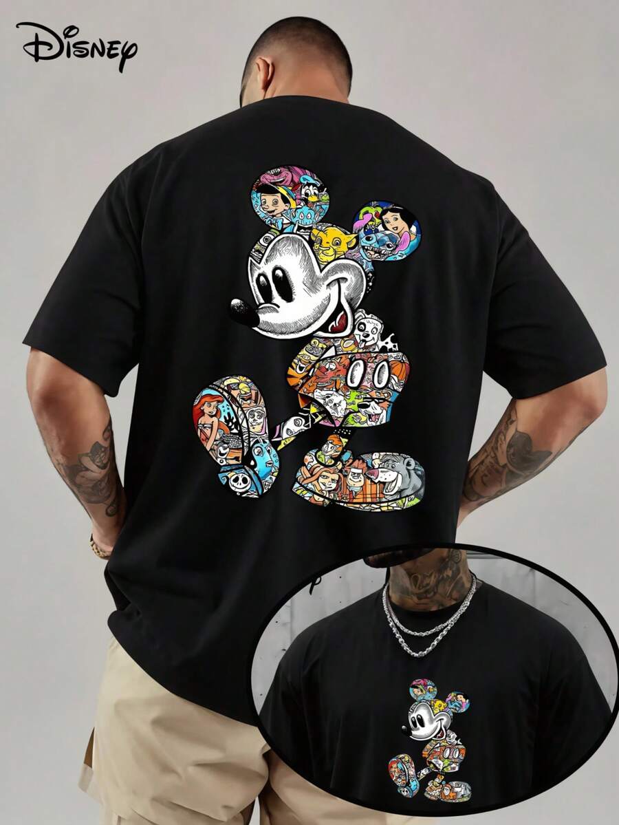 Disney Licensed Mickey Mouse Collage Print T-Shirt, All Disney Characters Fill Graphic Tee, Unisex Oversized Cotton Casual Short Sleeve Tops, Double Sided Print T-Shirt For Men Women, Perfect For Daily Wear & Streetwear - 黑色 - 查看 1