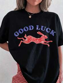 Camiseta de la Buena Suerte. Camiseta del Conejo Afortunado. Camisa Easy Tiger. Camisas geniales para mujeres. Camisas Estéticas. Camisetas de Chicas Geniales. Camiseta de Algodón Grueso de Manga Corta Estilo Retro Occidental, Talla Grande, con Estampado Gráfico, Casual para Mujer - Negro - Ver 7