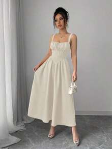 largo de verano 2025 de nueva temporada para mujer , de color naranja brillante, de un color, para el Día de San Valentín o vacaciones, con volantes en la parte delantera, lazo al frente, espalda de tirantes asimétrica y cintura estilizadora de línea A - Albaricoque - Ver 5