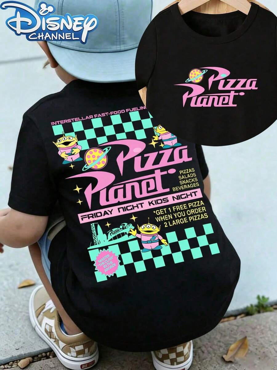 Summer Kids' "Toy Story" Pizza Planet Alien T-Shirt - Boys' Double-Sided Print Short-Sleeve Top, Retro Disney Casual Pure Cotton Shirt - Black - View 1