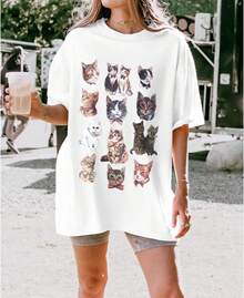 Camiseta de Gato de Talla Grande con Patrón Lindo para Mujer, Camiseta Divertida Y2k, Camiseta Holgada Estética, Regalo para Amantes de Gatos, Top Kawaii - Albaricoque - Ver 8