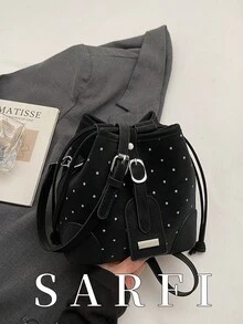 1件純色圓點原創扣飾抽繩開合女款單肩斜背包，多功能優雅，適合女性日常購物、旅行、度假 - 黑色 - 查看 1
