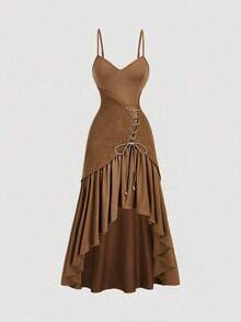 MOD Vestido midi ajustado con volantes asimétricos de tela vintage de patchwork marrón, vestidos de otoño, vestido nómada vintage - Marrón - Ver 1