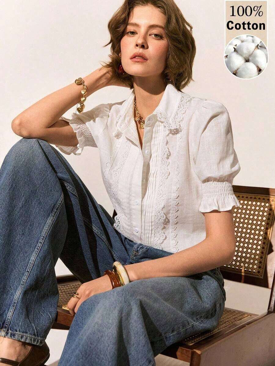 Blusa de algodón con adorno de encaje blanco, blusa casual de verano, blusa para salir, elegante para vacaciones, playa, verano, adecuada para uso diario, oficina y vacaciones, blusa de algodón de manga corta para primavera/verano - Blanco - Ver 1