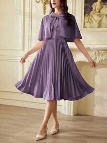 Conjunto elegante vintage clásico de 2 piezas para mujer con capa y mantón de primavera y verano, y vestido con cuello plisado en beige para vacaciones, atuendos de verano para mujer, atuendos casuales de negocios para mujer, atuendos de primavera para mujer, atuendos de profesora para mujer, atuendos de festival para mujer, vestido de Pascua para mujer, ropa de mujer para vacaciones tropicales, vestidos blancos para mujer, vestidos de cumpleaños para mujer, conjuntos de 2 piezas, ropa de iglesia para señoras, vestido de graduación para mujer - Morado - Ver 8
