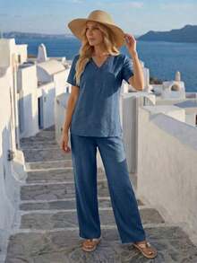 Faunlyn Conjunto de 2 piezas de camisa y pantalones de unicolor casual de vacaciones para mujer - Burdeos - Ver 5