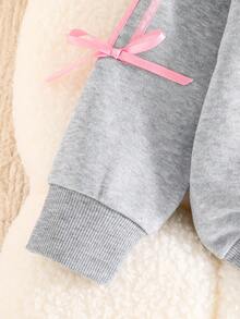 Young Girl' Bow Decor Warm Crew Neck Sweatshirt And Pants Set - Grey - View 4
