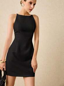 Elegant Solid Color Sleeveless Short Dress For Women, Formal Dress, Wedding Dress, White Prom Dress, Casual Office Dress - 黑色 - 查看 4