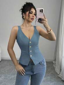 Camiseta de tirantes gruesos de un solo pecho de unicolor casual para mujer - Azul - Ver 8