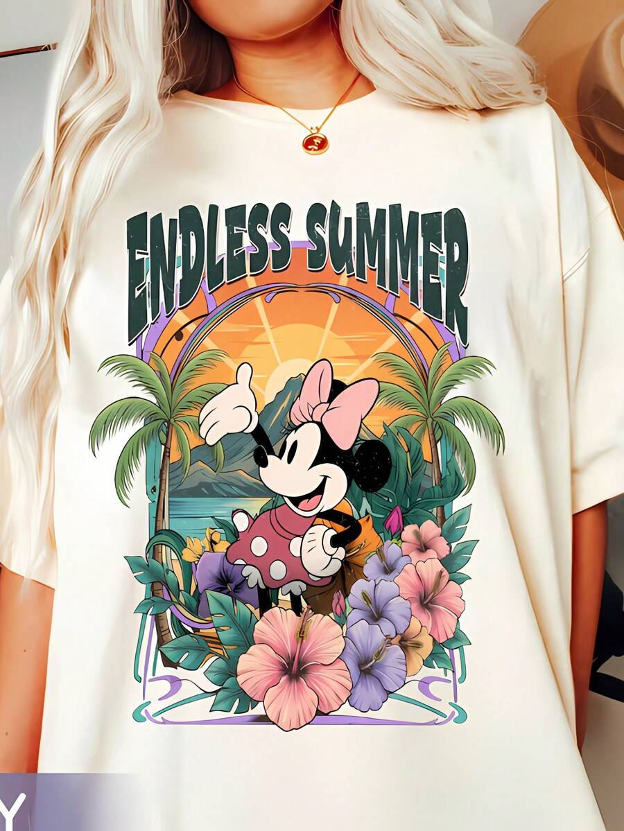 Disney Minnie Mouse Graphic T-Shirt For Women, Breathable Cotton Crew Neck Tee, Casual Summer Tops De Mujer, Beach Vacation Outfits Women, Soft Summer Outfits For Women, Tropical Hibiscus Print Short Sleeve Tops - White - View 1