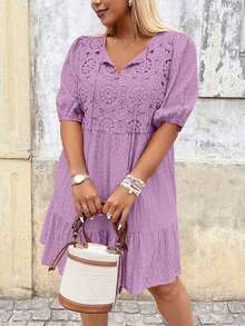 Vestido de verano casual con cuello redondo y pliegues para mujer de talla grande - Morado - Ver 3